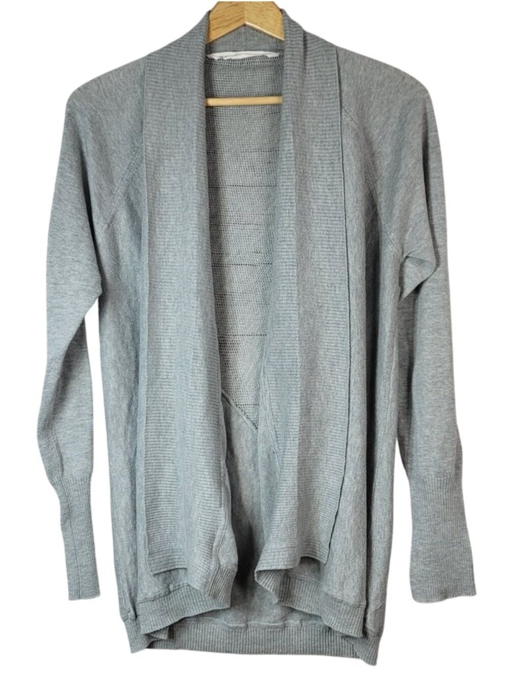 Athleta Cardigan Open Sweater Gray Large Mesh Back Long Sleeve Waterfall READ